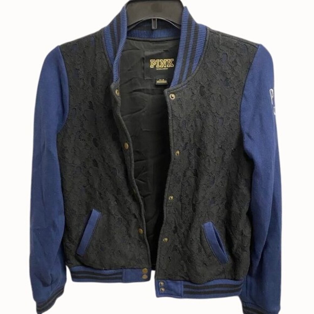 Victorias Secret PINK Womens Lace Bomber Jacket M Blue & Black